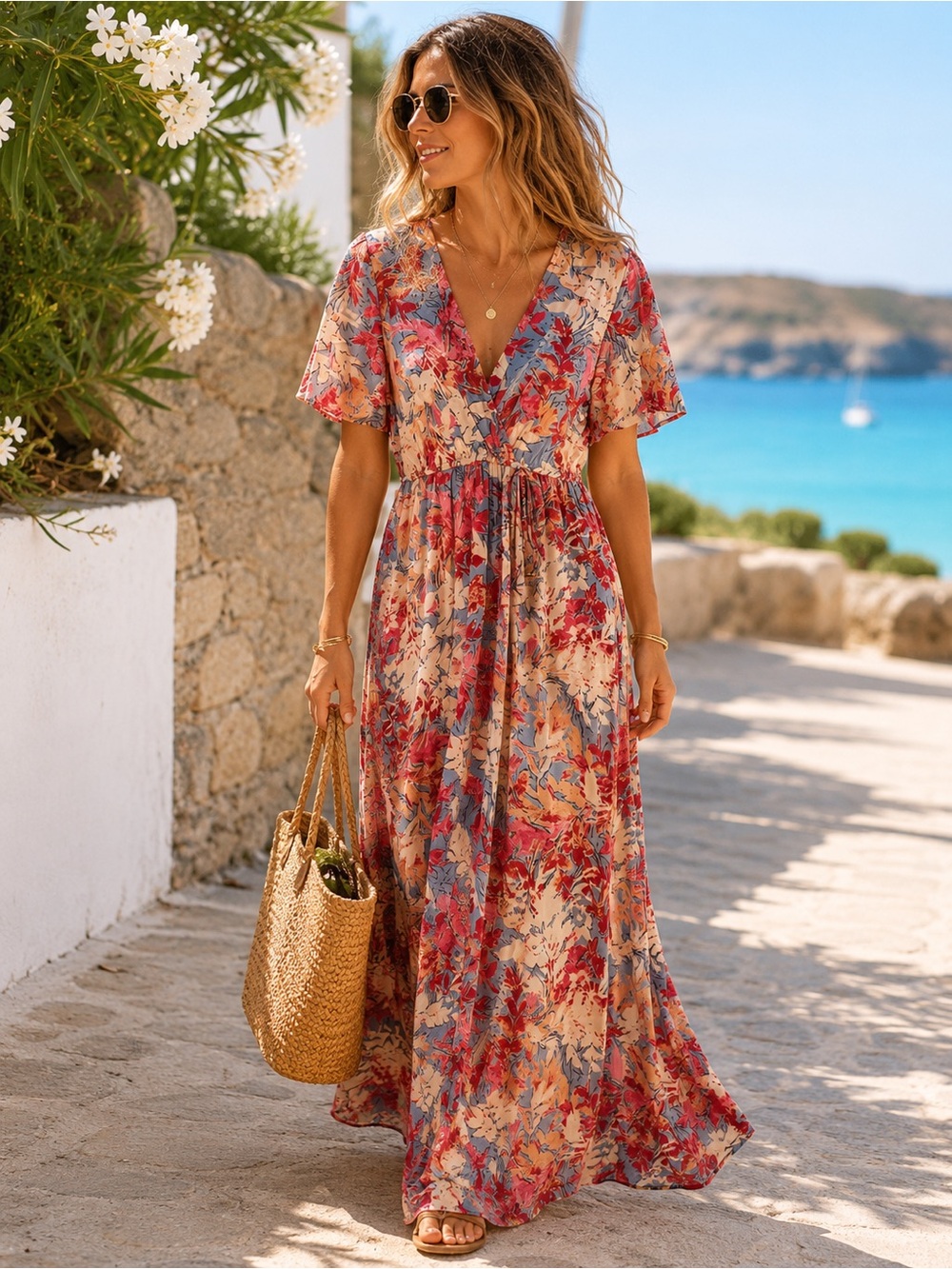 Angie Floral Boho Maxi Dress Pink Blue Wrap Look S